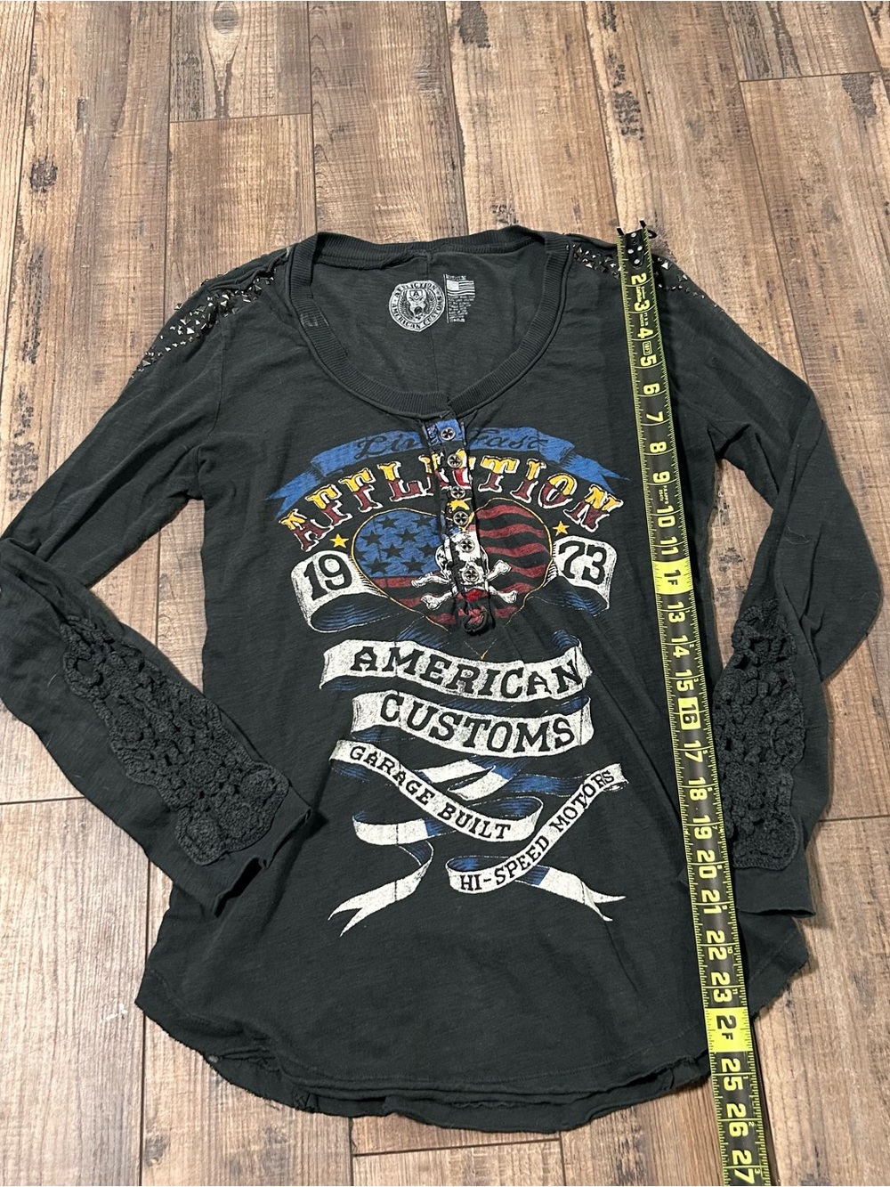 Affliction American Customs Long Sleeve With Lace & Studded Accent Henley Top - Picture 7 of 8